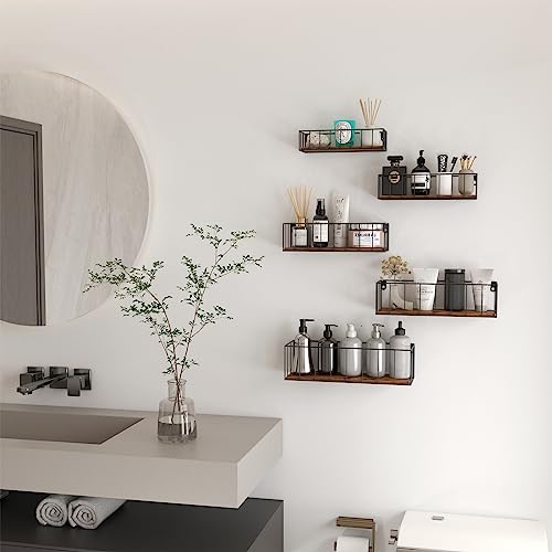 CRUGLA Floating Shelves Wall Mounted Set of 5, Hanging Storage Wall Shelf with Rail for Bathroom, Bedroom, Living Room, Kitchen - color: Brown