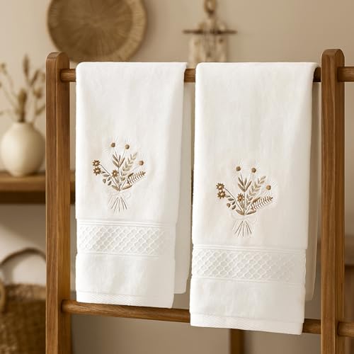 SmoothNovelty 2 Pcs Boho Flowers Hand Towels Beige Bathroom Wildflowers Decor 14x29 Inch Embroidered 100% Cotton Soft Absorbent Spring Summer Decorative Hand Towels for Bathroom Kitchen - style: Bohemian