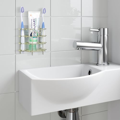 Linkidea Wall Mount/Countertop Toothbrush Holder for Shower, Stainless Steel Toothpaste Stand, 3 Slots Organizer Compatible with Colgate Extra Clean, Oral-B CrossAction (Gold) - color: Gold