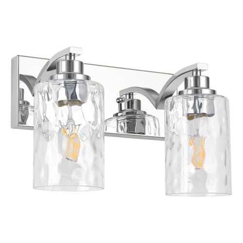 2-Light Bathroom Light Fixtures Modern Chrome Vanity Lights | Easy to Install Clear Hammered Glass Shades, Rippled Glow, Wall Mount Up or Down, E26 Socket, Hardwired, 120V - color: Chrome Hammer, size: 2 Lights