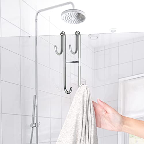 Over Shower Glass Door Hook, 2 Pack Silver 304 Stainless Steel Extended Shower Door Hooks, Bathroom Frameless Drilling-Free Hanger, Double Side Towel Hooks, for Bathing Suits, Robe, Loofah, Shaver - color: Silver