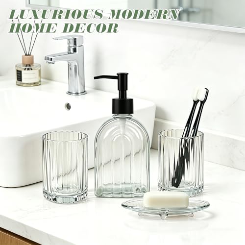 4-Piece Glass Bathroom Accessories Set, Clear Soap Dispenser, Soap Dish, Toothbrush Holder & 2 Tumblers, Bathroom Countertop Organizer Set for Vanity, Sink, Apartment & Modern Decor