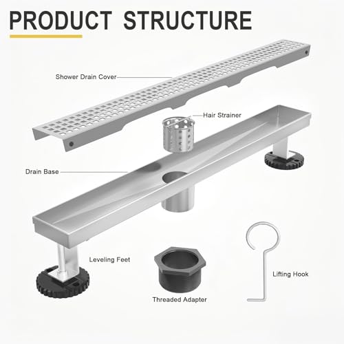 Linear Shower Drain - 12 Inch Brushed Nickel, with Grate Removable | AISI 304 Stainless Steel Shower Drain with Adjustable Feet, Hair Catcher, Rectangle Shower Floor Drain Fits Bathroom, Balcony - color: Brushed Nickel, size: 12 Inch