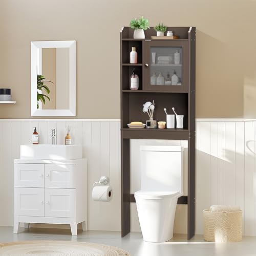 ZENY Over The Toilet Storage Cabinet, Bathroom Organizer with Adjustable Shelf and Double Doors, Freestanding Bathroom Space Saver Toilet Rack (Brown) - color: Brown
