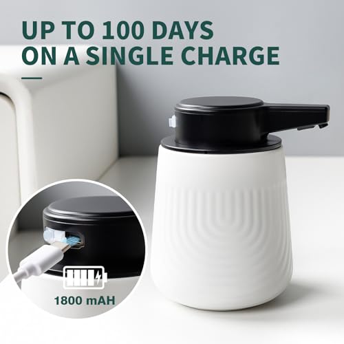 BosilunLife Ceramic Automatic Soap Dispenser with Extended Pump Nozzle, 3 Adjustable Levels, Touchless Foam Hand Wash Foaming Dispenser for Bathroom & Kitchen, Embossed Wave Design, White, 10oz - color: Embossed Wave-white