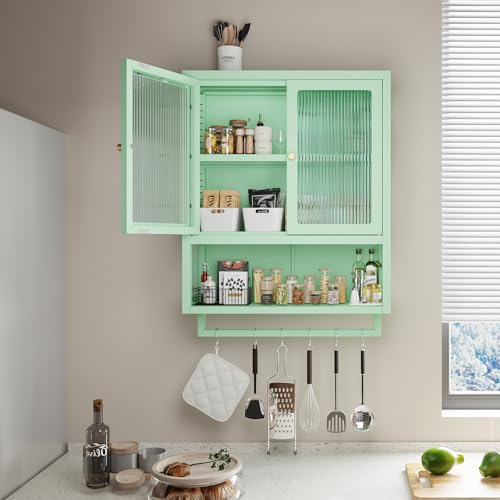Bathroom Wall Cabinet with 2 Glass Door, Bathroom Medicine Cabinet with Towels Bar and Shelves, Over The Toilet Storage Cabinet, Metal Wall Mounted Cabinet for Laundry Room Kitchen (Green) - color: Green