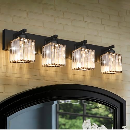 Black Crystal Bathroom Vanity Light, 4-Light Modern Bathroom Lighting Fixtures Over Mirror, Matte Black Wall Sconce Light Fixtures with Square Shade - color: Black-Square Shade, size: 4-LIGHT