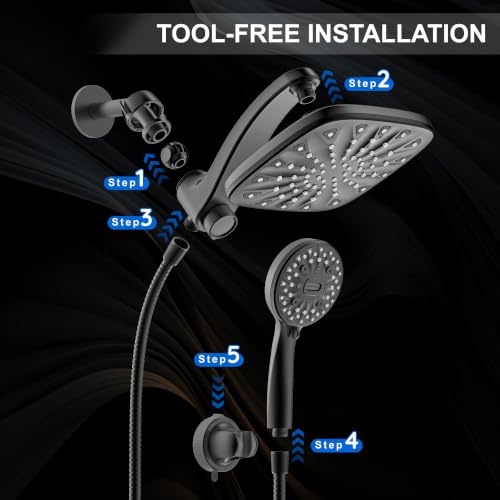 Dual Rainfall Shower Head With Handheld Showerhead, High Pressure Shower Head With Handheld Spray Combo, 8-Mode Showerhead with Adjustable Extension Arm, 71" Hose & Suction Cup Holder, Matte Black - color: Matte Black