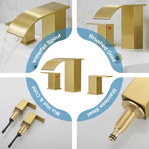 RUMOSE Bathroom Faucets Gold Bathroom Sink Faucet 3 Hole with Drain | 8 inch Widespread 2 Handles Lavatory Vanity Faucet Set, Waterfall Spout, Deck Mounted, Pop Up Drain, Stainless Steel - color: Brushed Gold