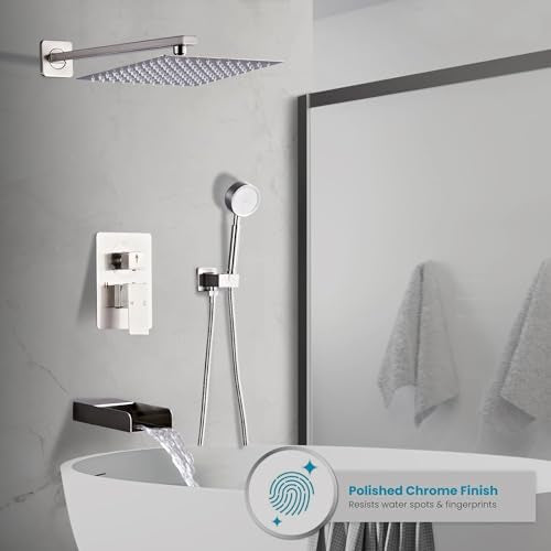 Brushed Nickel Shower Tub Faucet Set, Wall Mounted 8 Inch Shower Heads with Handheld Spray Combo and Tub Shower Faucet, Luxury Bathroom Square Rain Shower System - 4 Hooks - color: Brushed Nickel, style: 8 Inch with Tub Spout