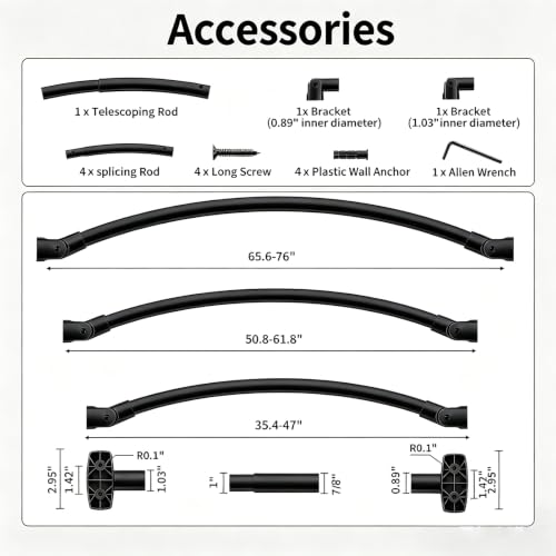 Matte Black Curved Shower Curtain Rod for Bathroom 33-78 In Adjustable Curved Shower Rod, RustProof Stainless Steel Round Shower Rods for Bathtub, Stall Extra Shower Space Need Drilling - color: Black