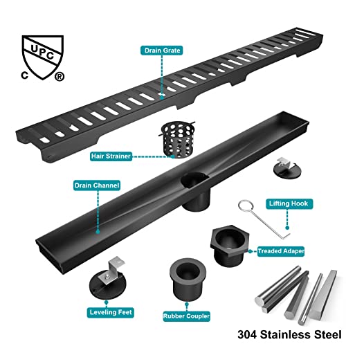 BARONAGE 32 Inch Linear Shower Drain, Capsule Grate, Matte Black | V-shaped Rapid Linear Drains, Rustproof, Hair Catcher, 304 Stainless Steel Rectangle Shower Floor Drain For Bathroom - size: 32 Inch