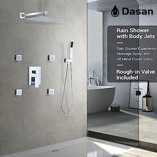 Full Body Rain Shower System with 4 Body Shower Jets & 12’’ Wall Mount Rainfall Shower Head & Handheld, DASAN Multi Shower Head System Chrome Rain Shower Faucets sets Combo with Rough-in Valve - color: Chrome