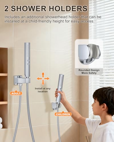 Chrome Shower System with Tub Spout, Wall Mounted Bathtub Shower Faucet Set, 12" Rainfall Shower Head and Handheld Shower Combo, High Pressure Shower Fixtures Set with Rough-in Valve - color: Polished Chrome, style: 12" Wall Mounted Shower System with Tub