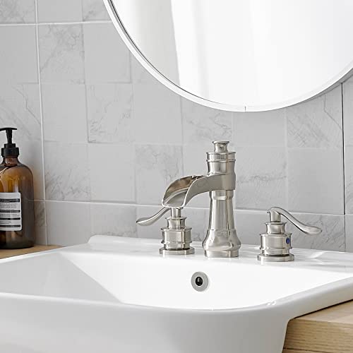 Bathroom Sink Faucet Waterfall 3 Hole or 8 Inch Widespread Tap | Brushed Nickel,Brass,Double Handle,Easy to Clean,Simple Installation,Pop-up Drain,Supply Line,Control of Hot and Cold Water - color: Brushed Nickel