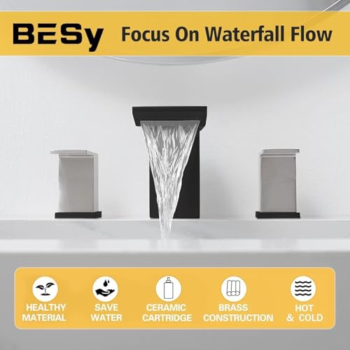 BESy Bathroom Faucet 3 Holes Two Handles Vanity Widespread 8 Inch Bathroom Sink Faucet, Waterfall Bathroom Sink Faucet with cUPC Supply Hoses, Pop Up Drain, Stainless Steel, Matte Black with Nickel - color: Matte Black with Nickel, size: 8 Inch Widespread