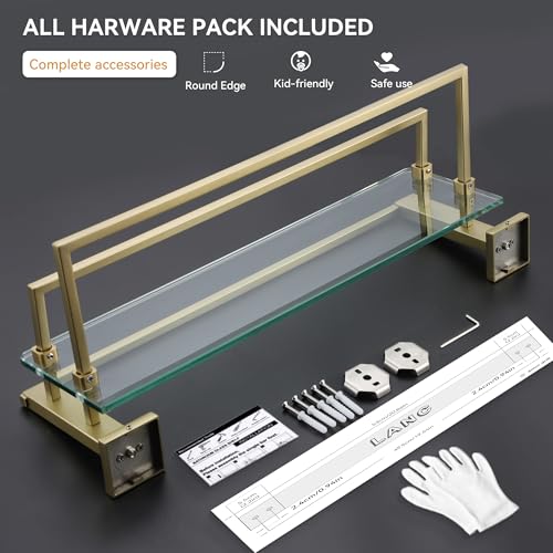 LANC Bathroom Glass Shelf with Towel Bars 20-Inch Floating Tempered Glass Shelves with 2 Towel Rails Brushed Gold Cologne Shelf for Men Shower Bath Storage Glass Rack Wall Mount Heavy Duty,A7617BG - color: Brushed Gold