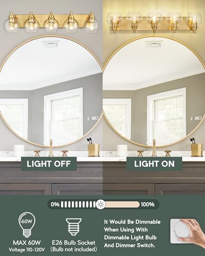 5-Light Brushed Gold Bathroom Vanity Light, Clear Glass Globe Shade | 32" modern bathroom light fixtures over mirror, E26 base, bulbs not included, VL195-BG-CL-5 - color: Brushed Gold, Clear Glass, size: 5-light