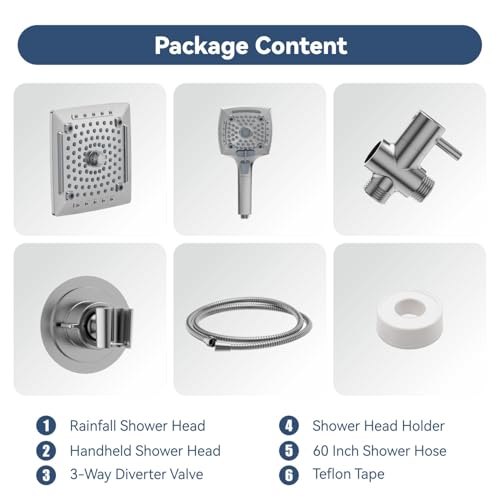 ELLO&ALLO Rain Shower Head with Handheld Spray, Rainfall Shower Head Combo with 60" Hose, Adjustable Dual Showerhead Set with 3-Way Diverter, Sliver