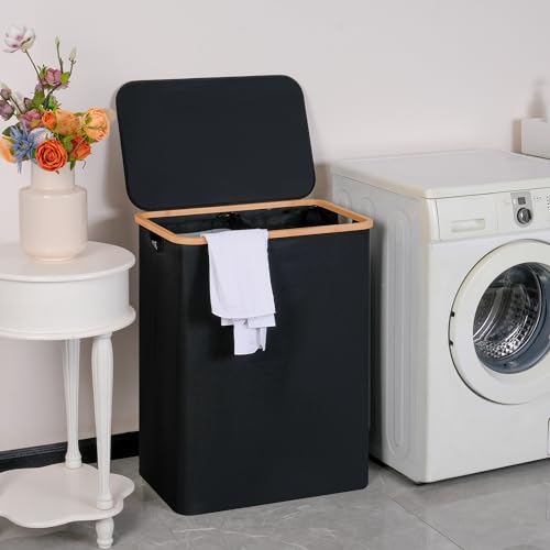 efluky Double Laundry Hamper with Lid, Divided Laundry Hamper with Removable Bags, 2 Section Dirty Clothes Basket with Handles for Bathroom, Bedroom & Laundry Room, 160L Black - color: Black, size: 160L