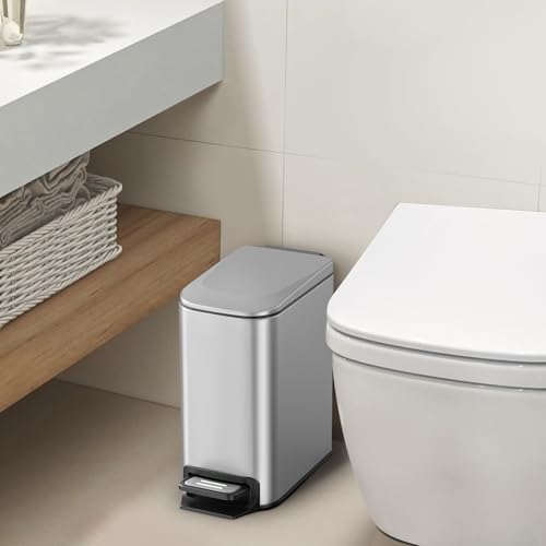 Cesun Small Bathroom Trash Can with Lid, 1.6 Gal, Soft Close, Sliver | Step pedal soft close, Slim 5.9in fits narrow spaces, Stainless steel, Anti-fingerprint, Removable inner bucket, Odor seal - color: Silver