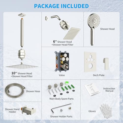 Shower Faucet Set Shower System - EMBATHER Brushed Nickel Push Button Diverter Filtered Dual Shower Faucet Valve Kit with Rain Ceiling Mount 10'' Shower Head 6'' Wall Mount, 9 in 1 Handheld for Couple