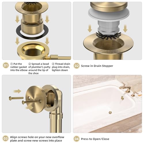Tip-Toe Bathtub Drain Kit with Hair Catcher, Brushed Gold | 2-Hole Overflow Faceplate, Solid Brass, 5-Layer Plated, Fits 1.5"/1.75" Drains, For Bathroom Remodel, Matches Fixtures - color: Brushed Gold