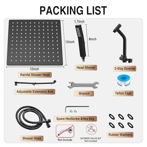 All Metal 12 Inch Rain Shower Head with Handheld Built-in Power Wash Mode, High Pressure Waterfall Rainfall Square Shower Heads with 16" Adjustable Extension Arm, Dual Showerhead, Matte Black - color: Matte Black, size: 12 Inch