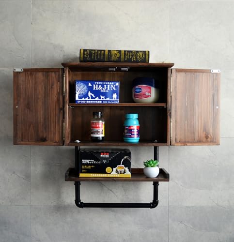23.1x16.9'' Bathroom Wall Cabinet with Adjustable wall Shelf and Towel Bar, Double Doors Medicine Cabinet Wall Mounted with Hanging Bar, Light Solid Wood Storage Kitchen (Brown) - color: Brown