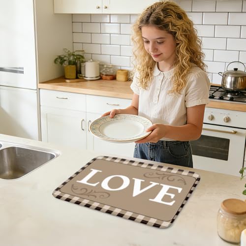 Plaid Dish Drying Mat for Kitchen Brown Checkered Dish Drainer Mats Absorbent Microfiber Love Text Dishes Drying Pad 18x24 Inches Washable for Countertop Coffee Bar Refrigerator - style: Love