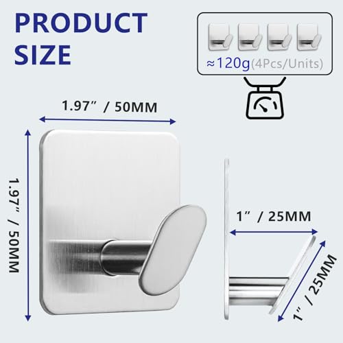2"x 2" Adhesive Towel Hooks 4Pack Heavy Duty Wall Hooks 15lb Max | No Drilling Sticky Hanger for Bathroom Shower Kitchen RV Dorm Apartment, Waterproof Rustproof Stainless Steel Brushed Nickel - color: Sq- Brushed Nickel