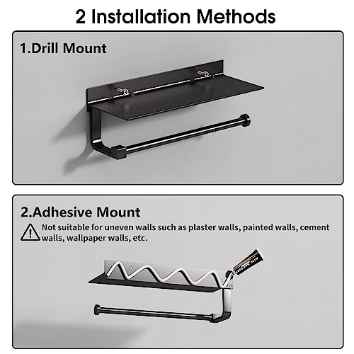 Wall Mount Paper Towel Holder with Shelf for Bathroom/Kitchen, Adhesive Hand Towel Holder, Matte Black - color: Black