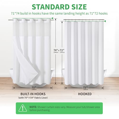 eachope No Hooks Needed Linen Textured Shower Curtain with Snap-in Fabric Liner Set,White Hotel Luxury Decor Shower Curtains for Bathroom with Mesh Top Window,Waterproof & Washable,71Wx74H | 230GSM Thick Fabric,Hotel Luxury Decor,Mesh Top Window,Magnetic