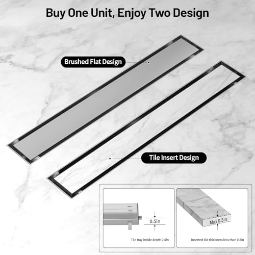 Linear Shower Drain, 304 Stainless Steel with Adjustable Leveling Feet, Hair Strainer,Reversely Install Place to Create an Invisible Floor Drain - Silver -16-Inch - color: Silver, size: 16inch
