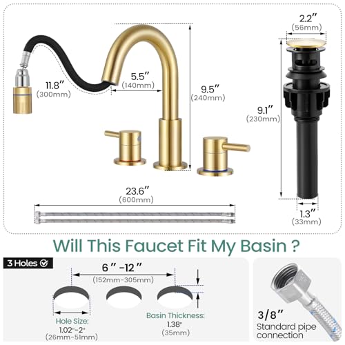 Brushed Gold Bathroom Sink Faucet 3 Hole with Pull Down Sprayer | Lead-free stainless steel, pop-up drain, 2-handle, 360°swivel, 8-inch widespread Faucet for RV/vanity sink, 3-hole mount - color: Brushed Gold, style: 8 Inch Pull Down