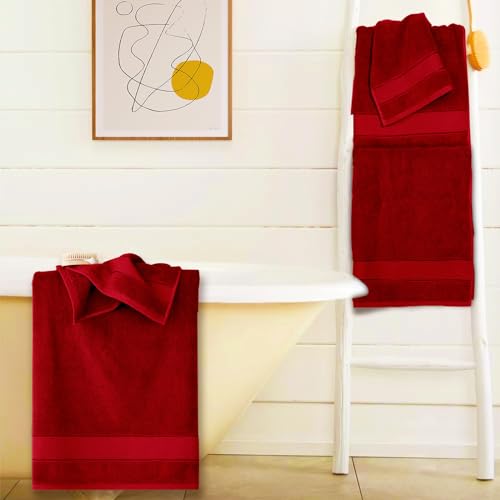 COZYART Bath Towel Set 6 PCS, Luxury Cherry Red 100% Turkish Cotton 650GSM | Soft Absorbent Quick Dry, OEKO‑Tex 100 Cert. Zero Twist Ring Spun Cotton, Plush Fluffy, Breathable Hotel Quality Towels Set - color: Cherry Red