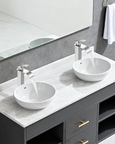 Brushed Nickel Bathroom Faucet 1 Hole Waterfall Vessel Sink Faucet | Certified NSF cUPC DOE CEC SUS304 steel.waterfall spout,Single Handle Bathroom Sink Fauce,Pop-up Drain,Fits vanity,Bar sink - color: A-Brushed Nickel, style: Tall