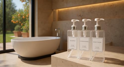 Modern Design Shampoo and Conditioner Dispenser, Large 27oz Shower Soap Dispenser, Set of 3 Refillable Empty Plastic Pump Bottles for Bathroom, 6 Waterproof Labels Included, (Clear & Silver) - color: Clear & Silver