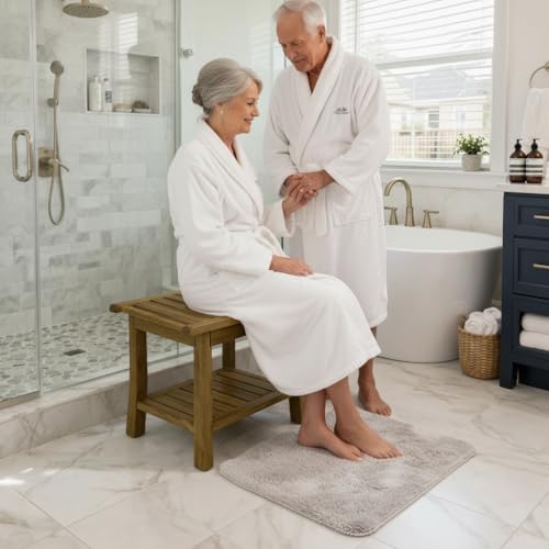 Teak Wood Shower Bench 14"/ 20"/ 30" Wide - Bathroom/Spa/Tub Teak Shower Stool Seat W/Shelf & Arms, Waterproof Heavy Duty Teak Wooden Shave Bench (30in) - size: 30in