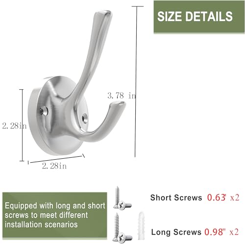 TOFIIGREM Brushed Nickel Robe Hooks Towel Hooks, 3 Pack Coat Hook Heavy Duty Mudroom Hook Double Bathrobe Hook Wall Mounted, Hat Hooks for Entryway Bathroom Kitchen Closet - color: Silver, size: 3 Pack