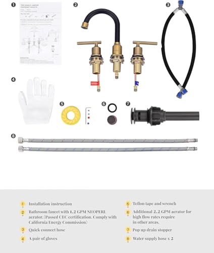 WOWOW 3 Hole Bathroom Faucet Widespread Bathroom Sink Faucet with Pop Up Drain Stopper Vanity Faucet 2 Handle Basin Taps Black and Gold Mixer Tap with Supply Hoses - color: Brushed Gold and Black, size: Widespread