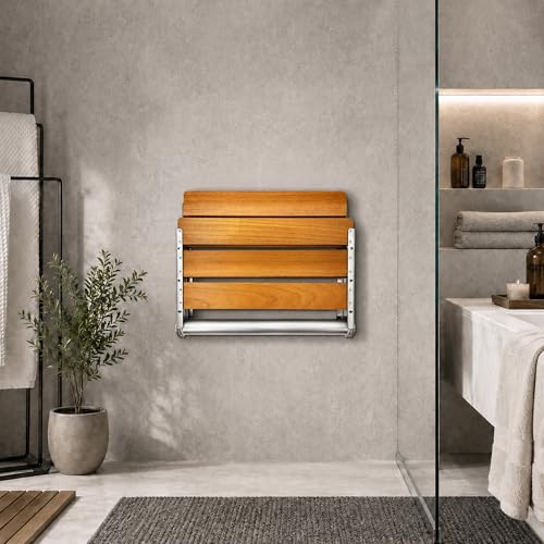Folding Shower Seat Teak, Folding Shower Seat Wall Mounted, Foldable Shower Chair for Home Care, 450 lbs Capacity (Stainless Steel, 13'' D x 17'' W x 10'' H) - color: Stainless Steel