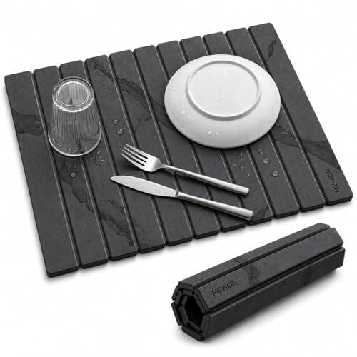 Stone Drying Mat for Kitchen Counter, 24"(L)×16"(W), Collapsible Quick Dry Stone Dishes Mats, Absorbent Diatomaceous Earth Mats for Kitchen, Bathroom (Gary Marble) - color: Gary Marble