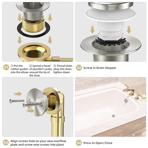 Tip-Toe Bathtub Drain Kit with Hair Catcher, Brushed Nickel | 2-Hole Overflow Faceplate, Solid Brass, 5-Layer Plated, Fits 1.5"/1.75" Drains, For Bathroom Remodel, Matches Fixtures - color: Brushed Nickel