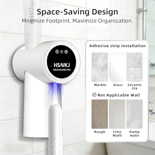 Wall Mounted Toothbrush Holder with Automatic Care Cycle, Heated Air Drying, UV Light Care, Magnetic Cup & Toothpaste Storage (White) - color: White