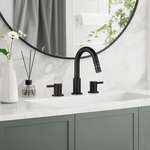 8 Inch Pull Down Bathroom Faucet 3 Hole,Black Bathroom Sink Faucet | Stainless Steel,Pull Down Sprayer,3 hole Widespread,with Pop-up Drain,Water Supply Hoses,Two Water Flow Modes, Black - color: A-Matte Black