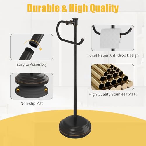 Toilet Paper Holder Floor Stand, Bathroom Freestanding Bronze | Toilet Tissue Roll Holder, Free Standing Rack with Storage, Weighted Base Accessories, SUS304 Stainless Steel Rustproof - color: Bronze
