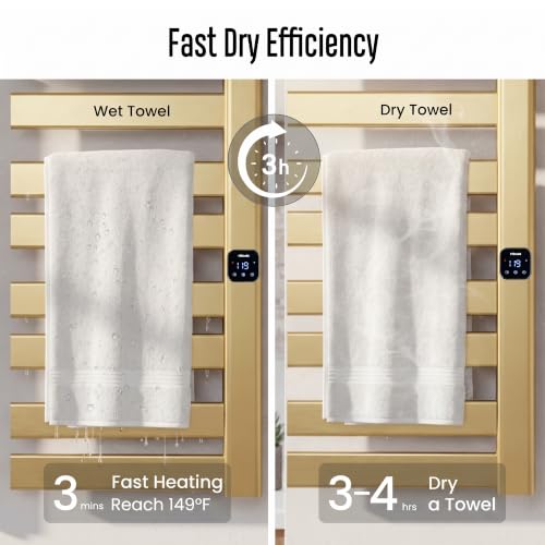Towel Warmer, Heated Towel Rack with Built-in Timer and Temperature Control,Hard-Wired(Right-Wiring)/Plug-in Wall-Mounted Towel Rail, Aluminum, 18.8" W X 34.64" H, Gold - color: Gold, size: 18.8"L x 34.64"H