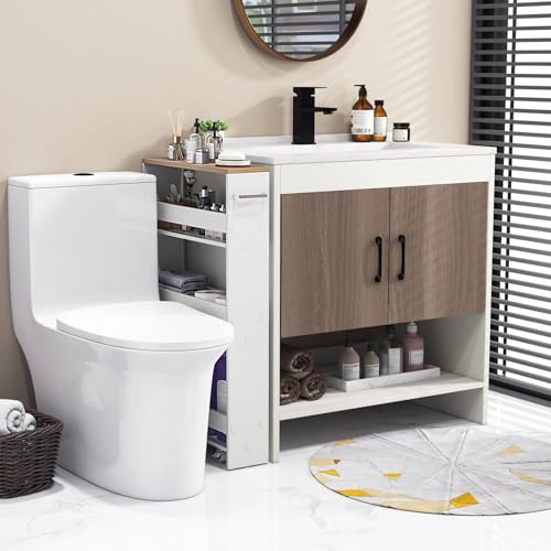 COSTWAY Slim 4-Tier Rolling Utility Cart, Wooden Shelving Unit with Handle & Wheels, Ideal for Small Spaces - color: White