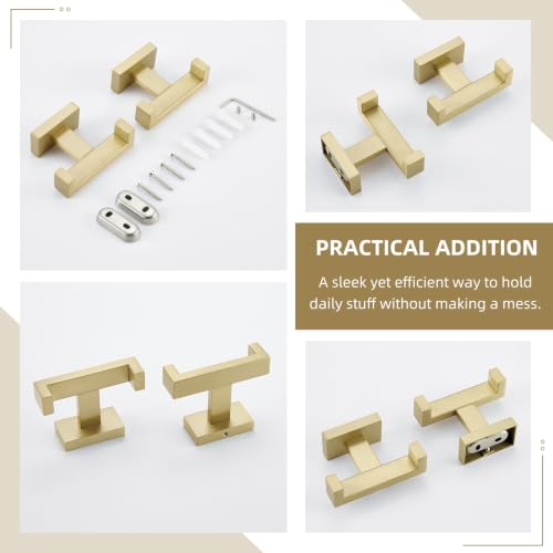 Angle Simple Double Towel Hook Brushed Gold, Bathrobe Coat Holder, 2 Pack | SUS304 Stainless Steel Robe Hook for Bathroom Wall, Hand Towel Hanger Screw Wall Mount - color: Brushed Gold, size: 2 Pack